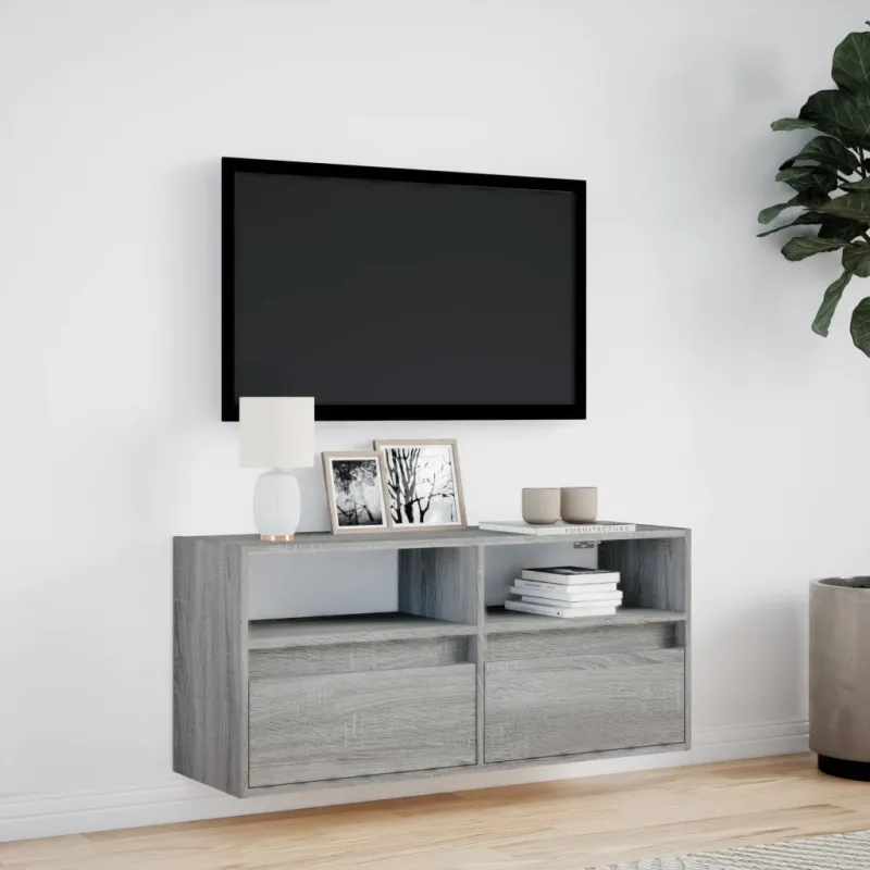 Sieninė TV spintelė su LED lemputėmis, pilka, 100x31x45cm