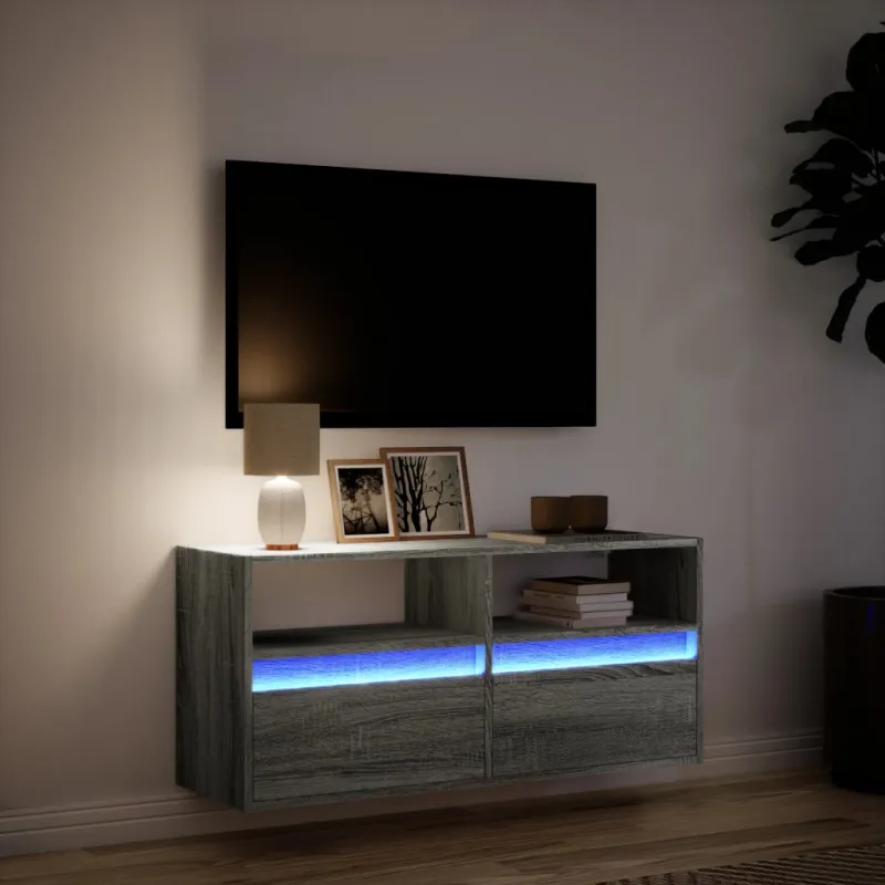 Sieninė TV spintelė su LED lemputėmis, pilka, 100x31x45cm