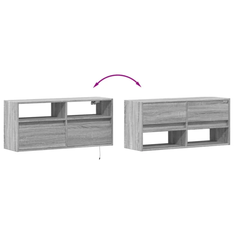 Sieninė TV spintelė su LED lemputėmis, pilka, 100x31x45cm
