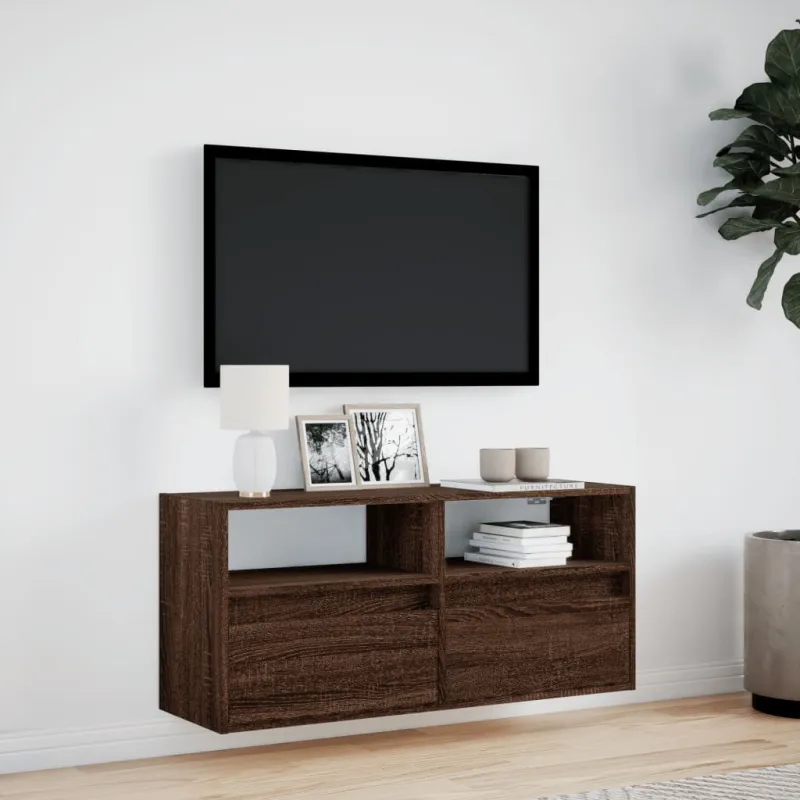Sieninė TV spintelė su LED lemputėmis, ruda ąžuolo, 100x31x45cm
