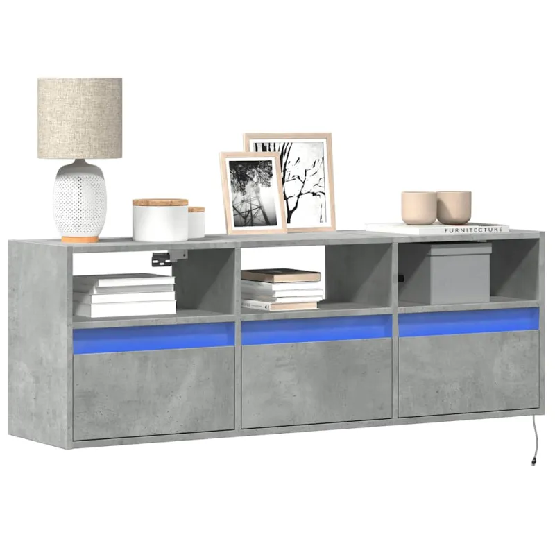 Sieninė TV spintelė su LED lemputėmis, betono, 130x31x45 cm