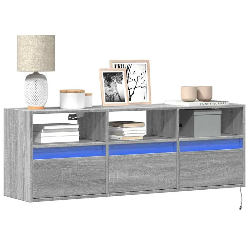 Sieninė TV spintelė su LED lemputėmis, pilka ąžuolo 130x31x45cm