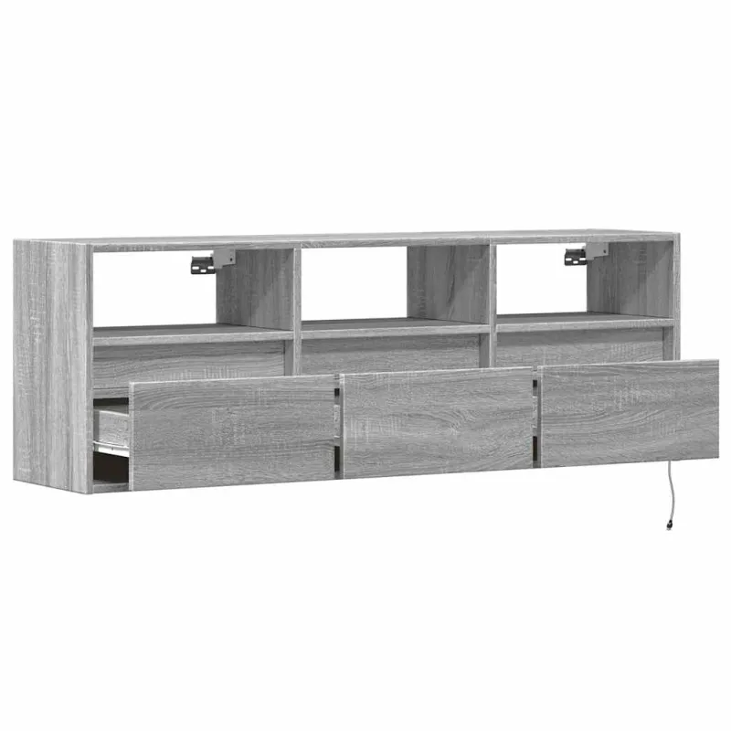 Sieninė TV spintelė su LED lemputėmis, pilka ąžuolo 130x31x45cm