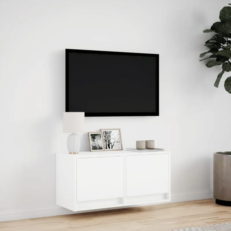 Sieninė TV spintelė su LED lemputėmis, balta, 80x31x35cm