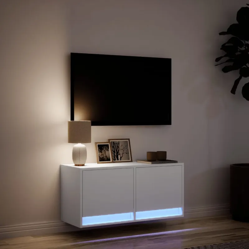 Sieninė TV spintelė su LED lemputėmis, balta, 80x31x35cm
