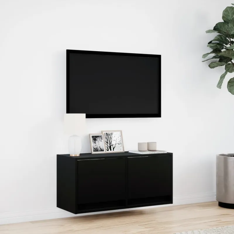 Sieninė TV spintelė su LED lemputėmis, juoda, 80x31x35cm