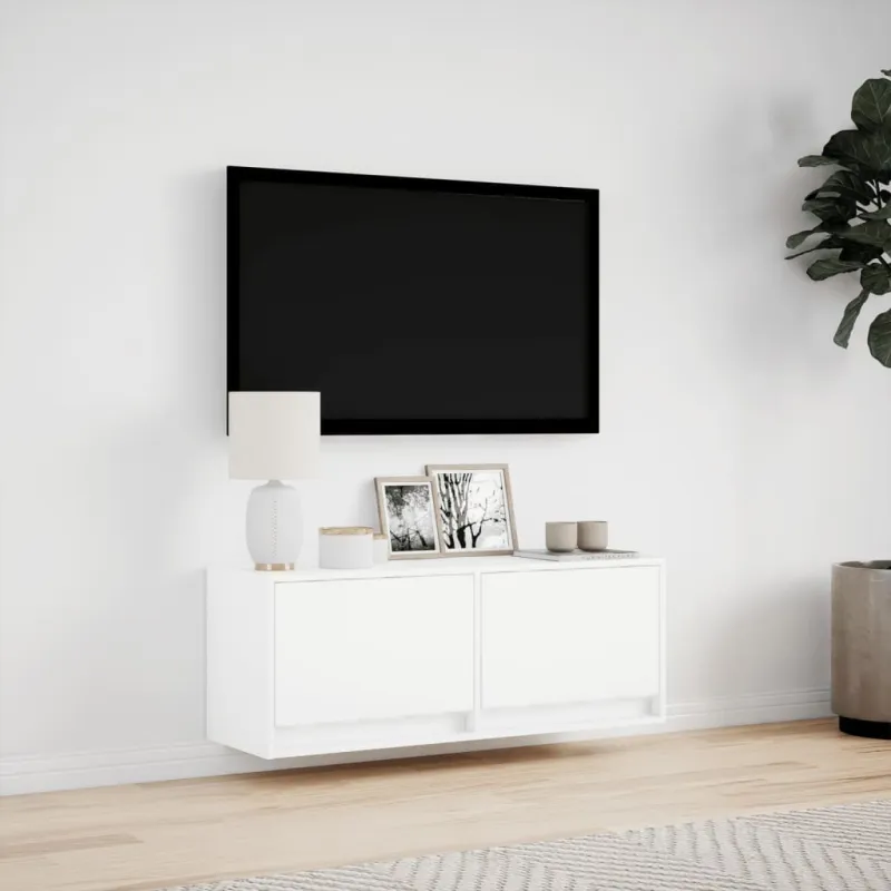 Sieninė TV spintelė su LED lemputėmis, balta, 100x31x35cm