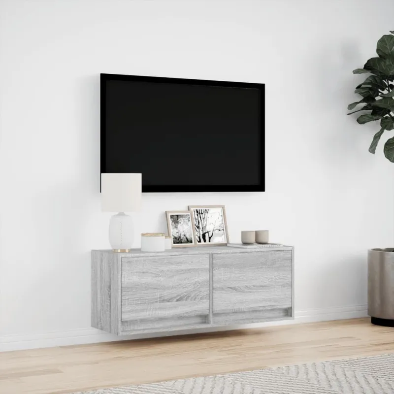 Sieninė TV spintelė su LED lemputėmis, pilka, 100x31x35cm