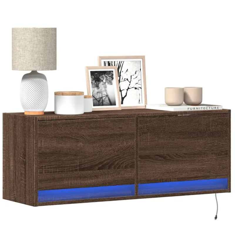 Sieninė TV spintelė su LED lemputėmis, ruda ąžuolo, 100x31x35cm