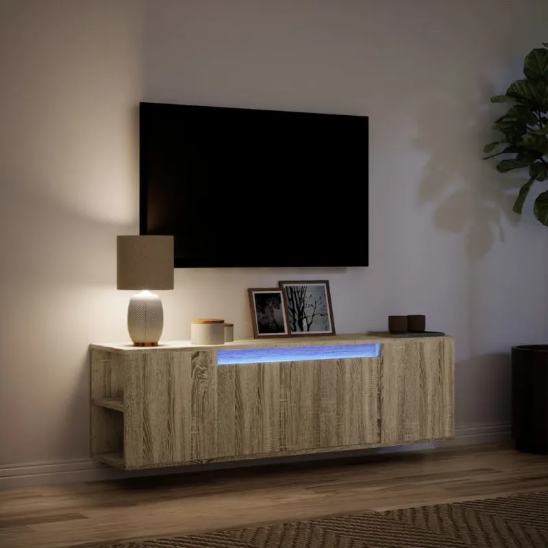 Sieninė TV spintelė su LED lemputėmis, ąžuolo, 135x31x39,5cm