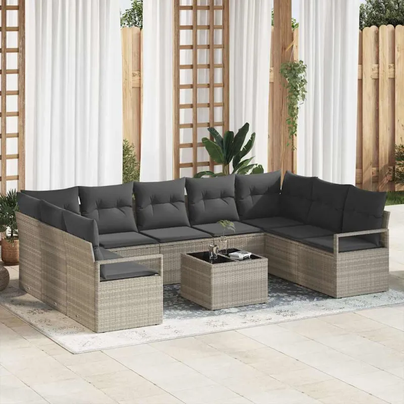 Sofokokonaisuus 10 osaa tyynyllä, vaaleanharmaa polyrottinki