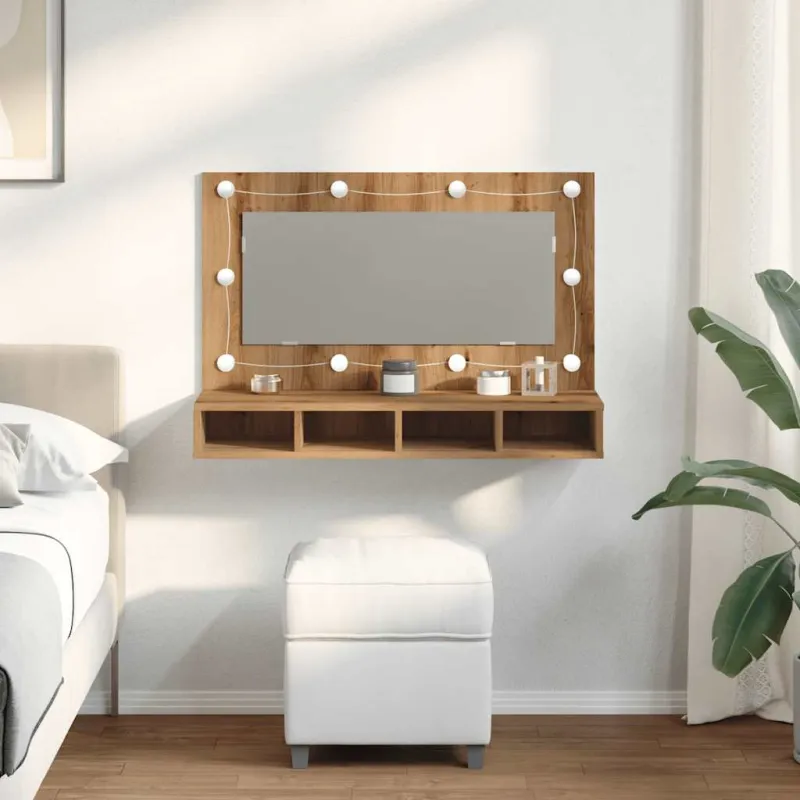 Veidrodinė spintelė su LED lemputėmis, ąžuolo spalvos, 90x31,5x62 cm