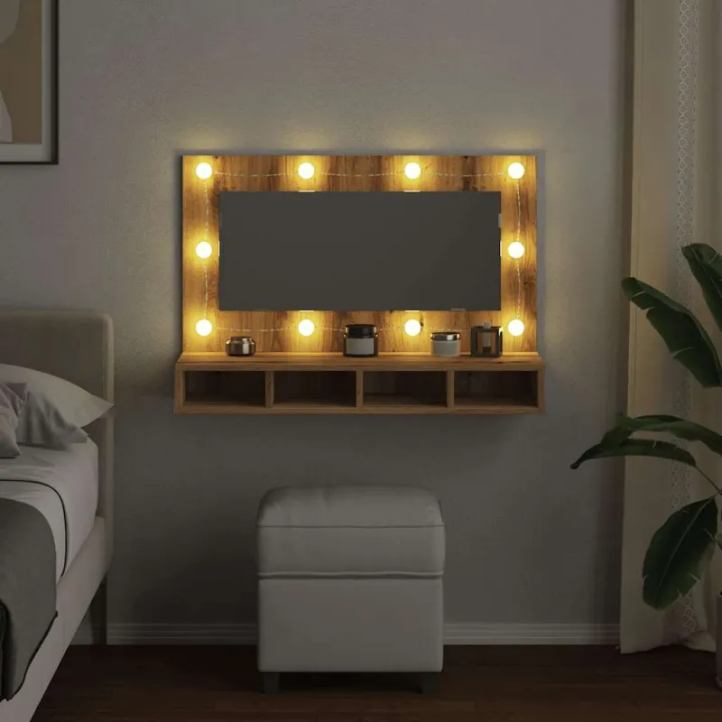 Veidrodinė spintelė su LED lemputėmis, ąžuolo spalvos, 90x31,5x62 cm