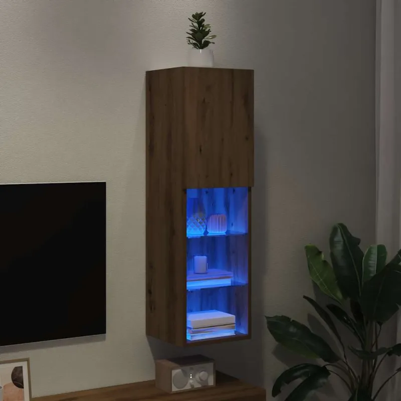 TV spintelė su LED lemputėmis, ruda ąžuolo, 30,5x30x102cm