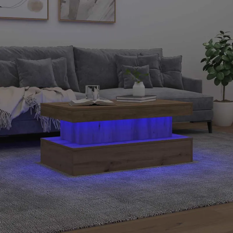 Kavos staliukas su LED lemputėmis, artisano ąžuolo, 90x50x40cm
