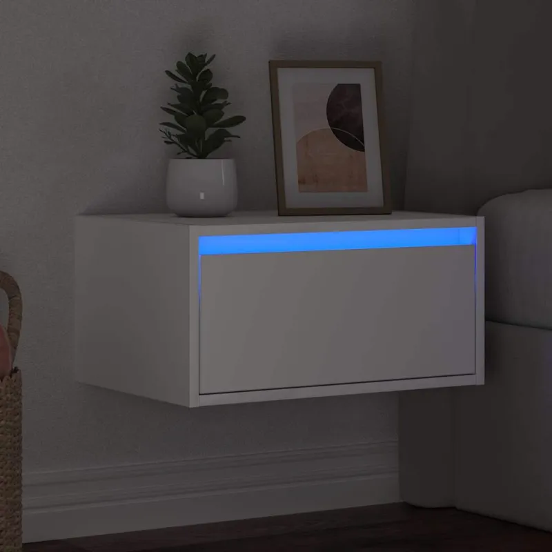 Prie sienos montuojama naktinė spintelė su LED, balta
