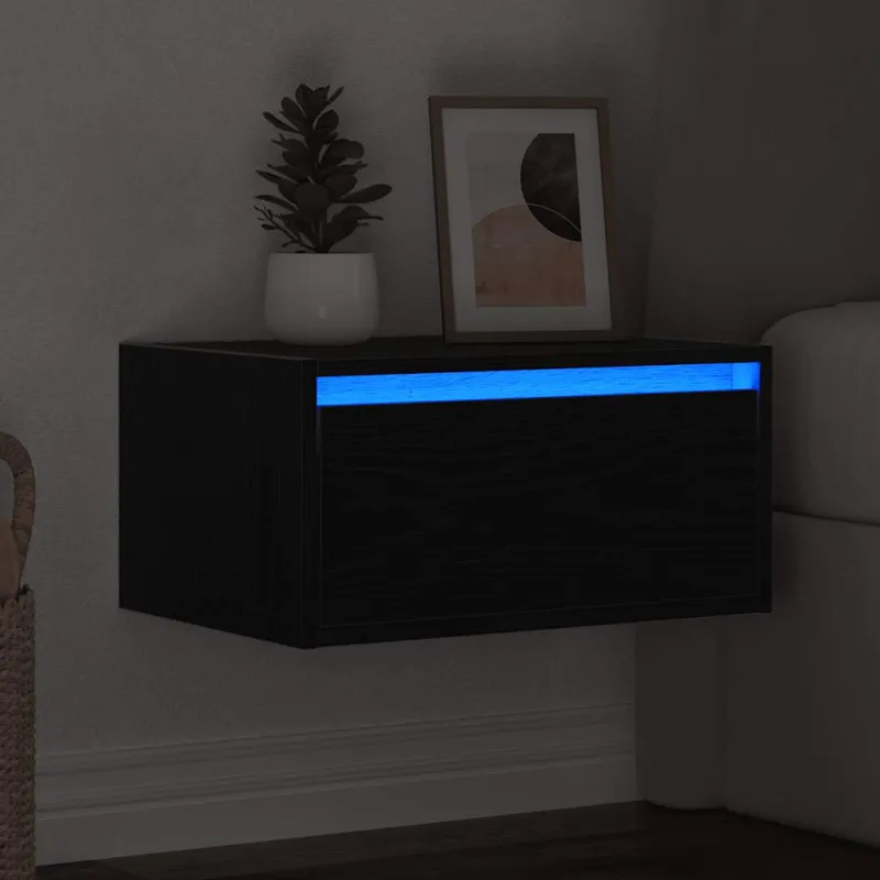 Prie sienos montuojama naktinė spintelė su LED, juodas ąžuolas