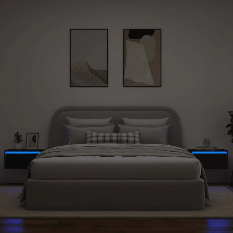 Sieninės naktinės spintelės su LED, 2vnt., juodas ąžuolas