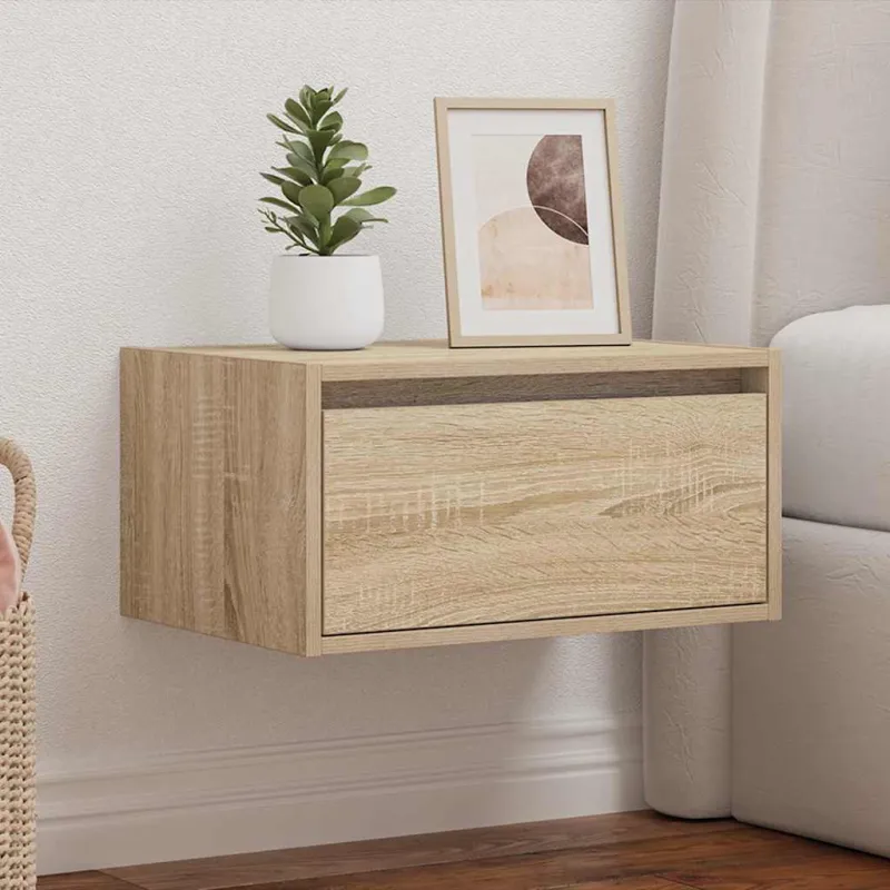 Prie sienos montuojama naktinė spintelė su LED, ąžuolo