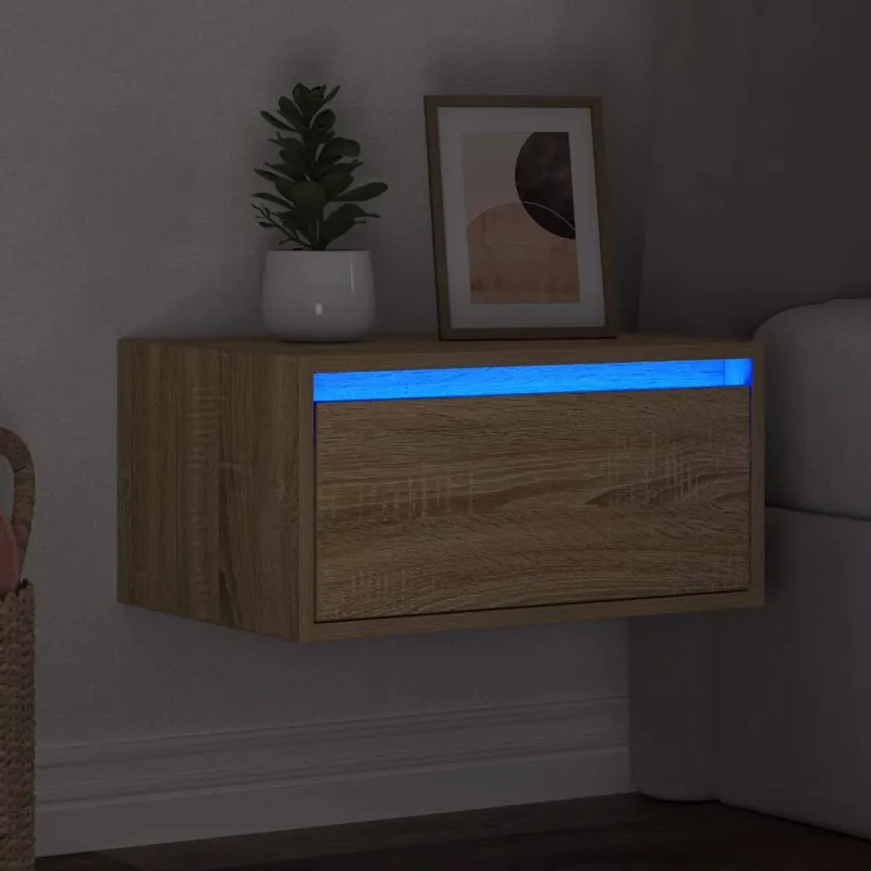 Prie sienos montuojama naktinė spintelė su LED, ąžuolo