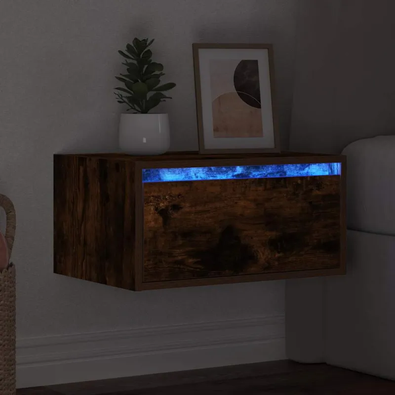 Prie sienos montuojama naktinė spintelė su LED, dūminio ąžuolo