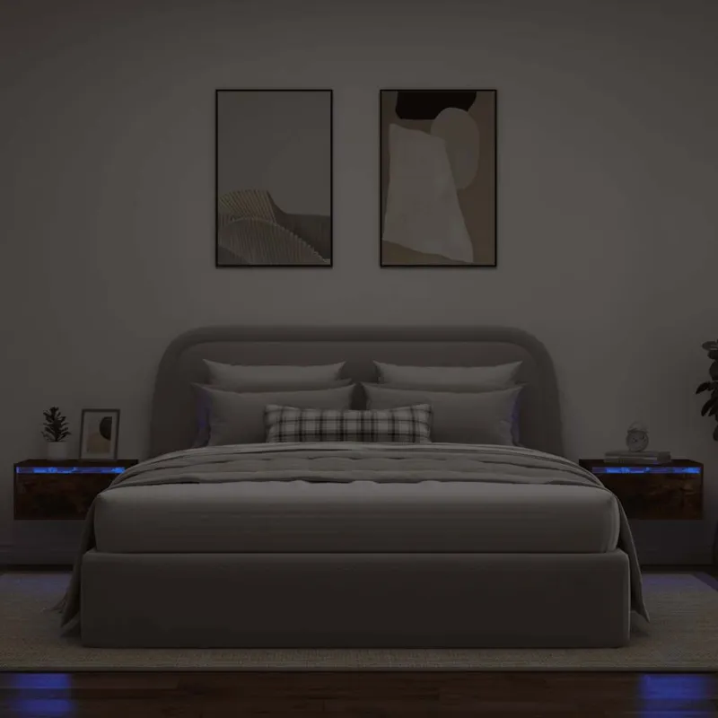 Sieninės naktinės spintelės su LED, 2vnt., dūminio ąžuolo