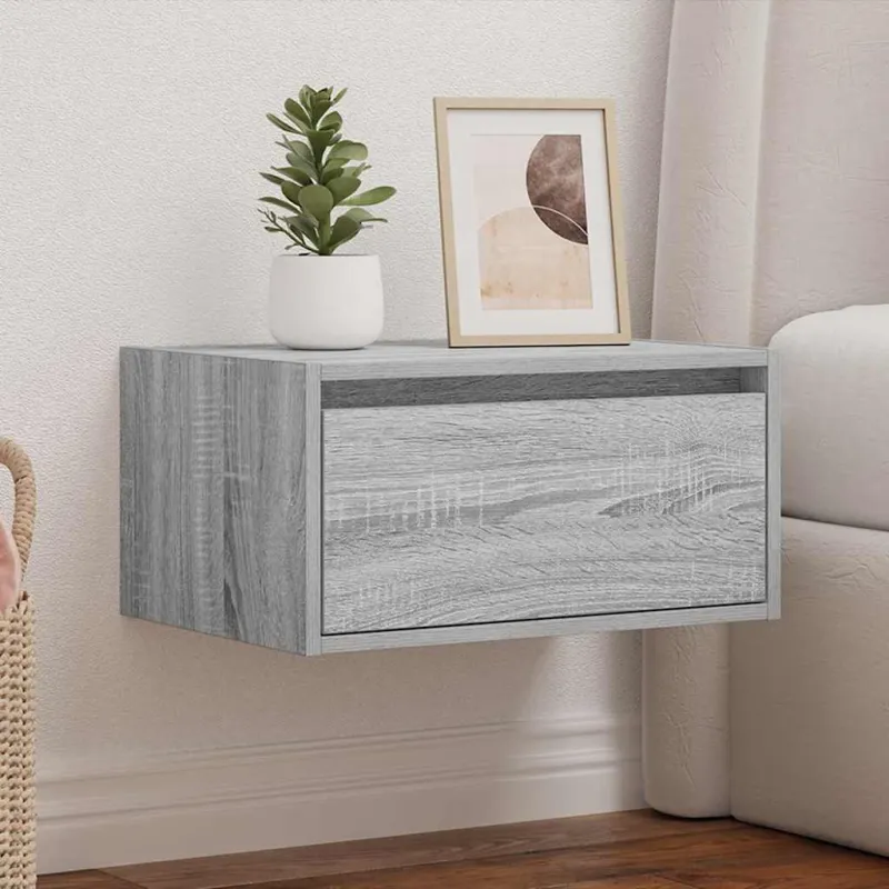 Prie sienos montuojama naktinė spintelė su LED, pilka ąžuolo