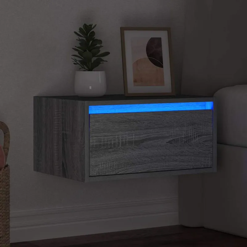 Prie sienos montuojama naktinė spintelė su LED, pilka ąžuolo