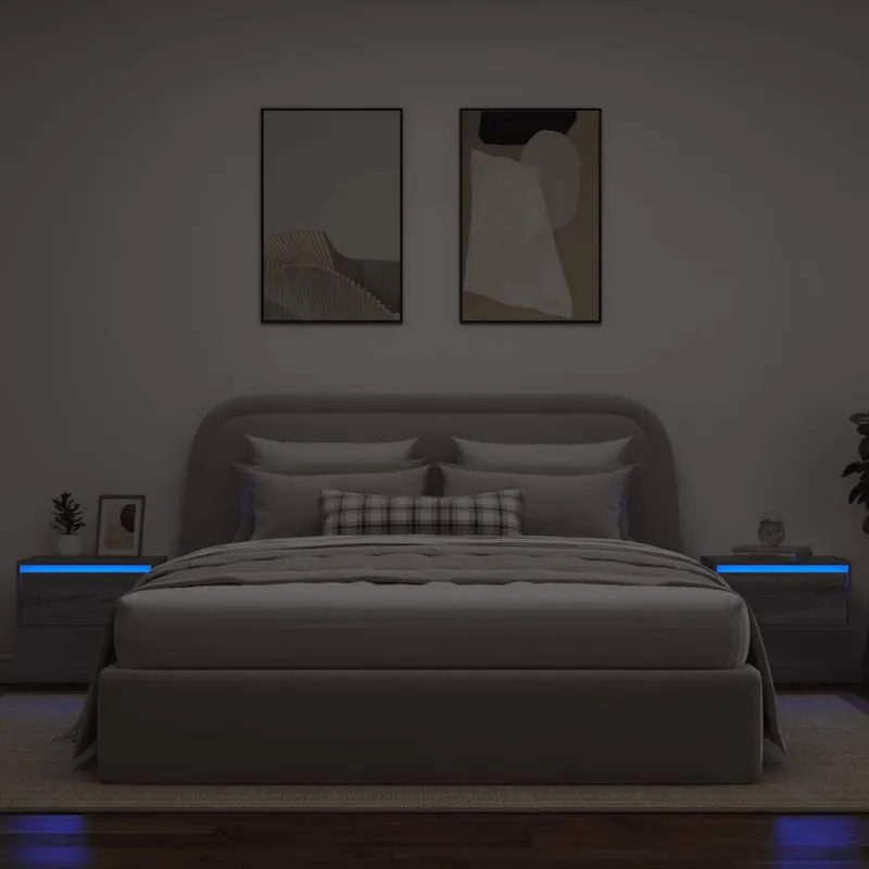 Sieninės naktinės spintelės su LED, 2vnt., pilkos ąžuolo