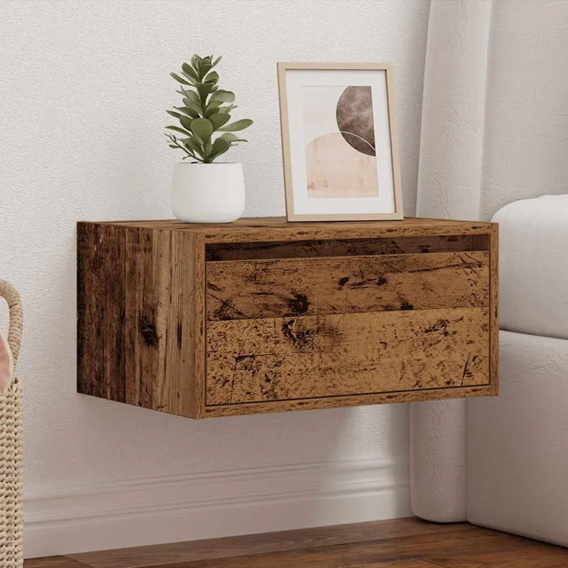 Prie sienos montuojama naktinė spintelė su LED, senos medienos