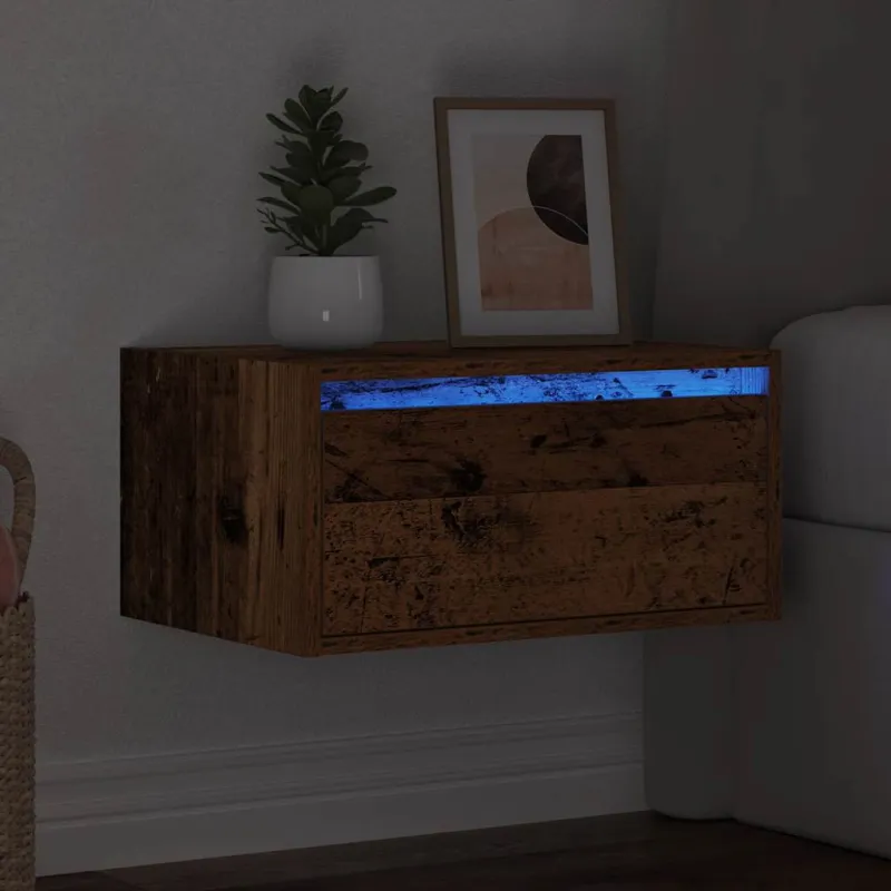 Prie sienos montuojama naktinė spintelė su LED, senos medienos