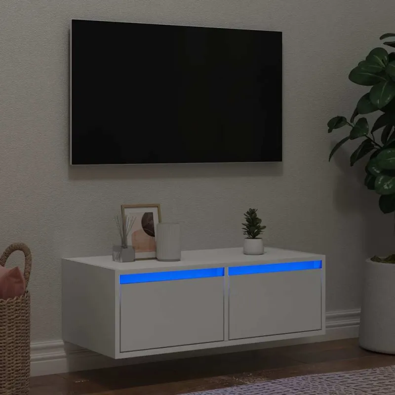 Televizoriaus spintelė su LED apšvietimu, balta, 75x35,5x25 cm