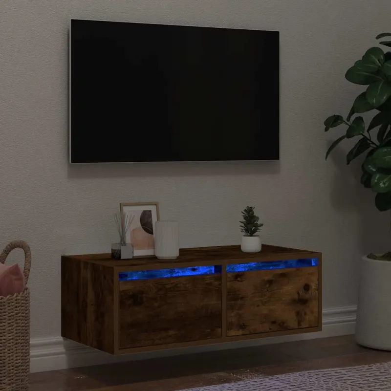 Televizoriaus spintelė su LED, dūminio ąžuolo, 75x35,5x25 cm