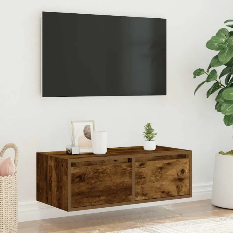 Televizoriaus spintelė su LED, dūminio ąžuolo, 75x35,5x25 cm
