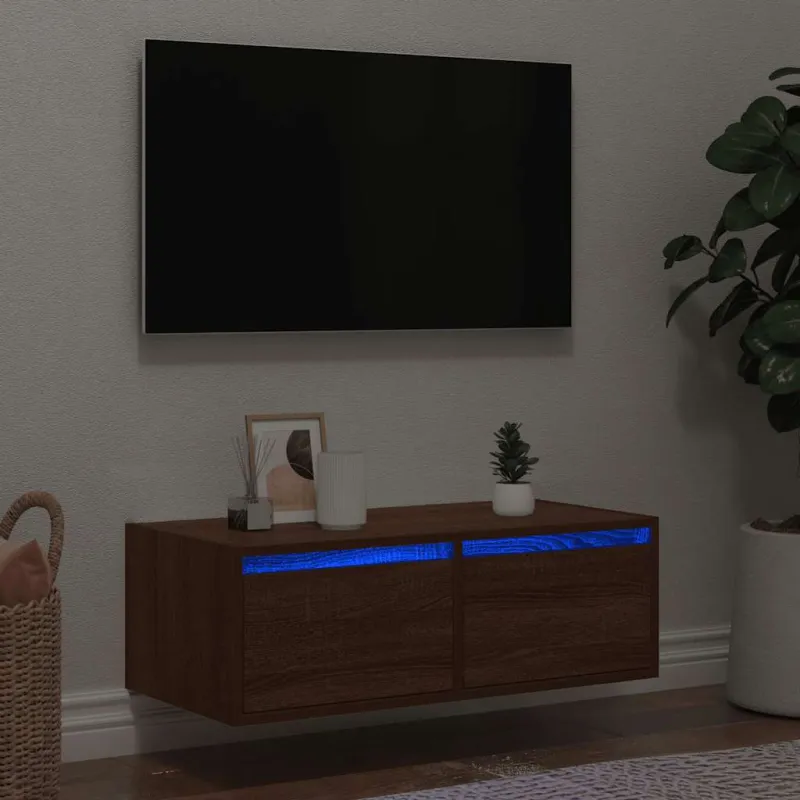 Televizoriaus spintelė su LED, ruda ąžuolo, 75x35,5x25 cm