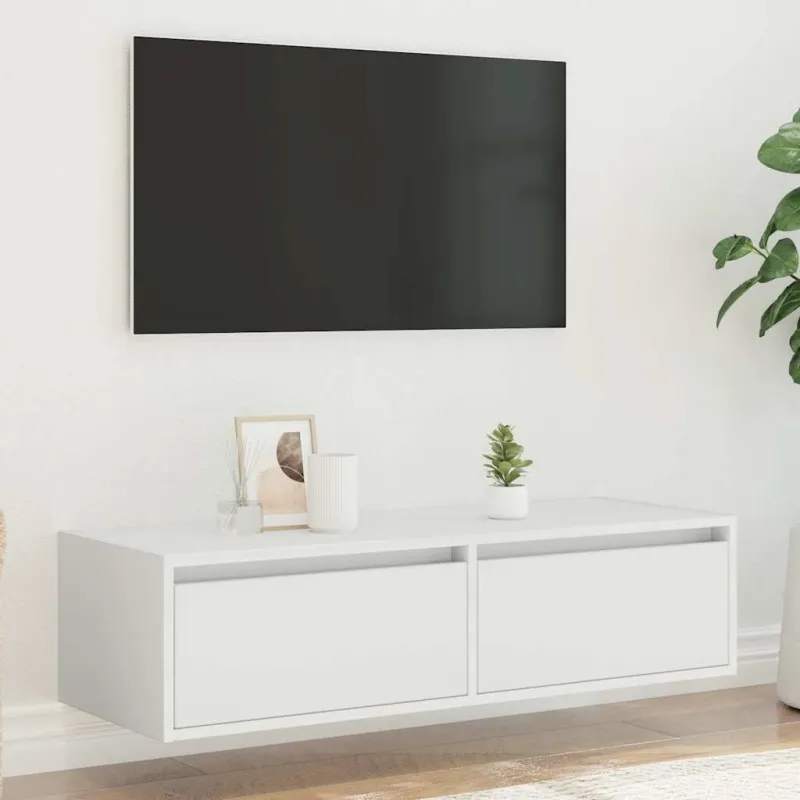 Televizoriaus spintelė su LED apšvietimu, balta, 100X35,5x25 cm