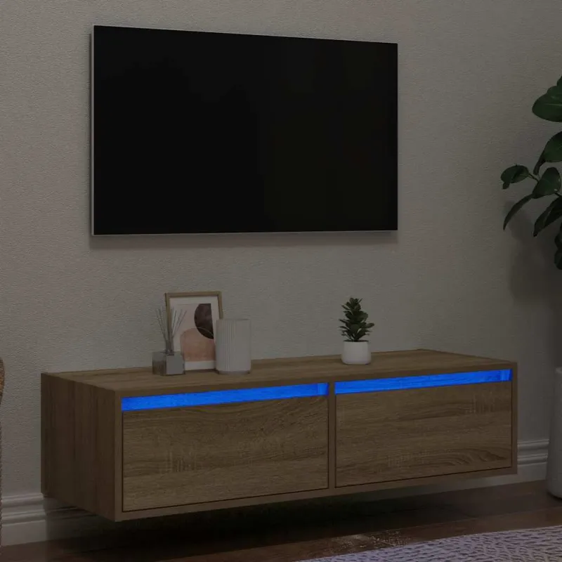 Televizoriaus spintelė su LED apšvietimu, ąžuolo, 100X35,5x25cm