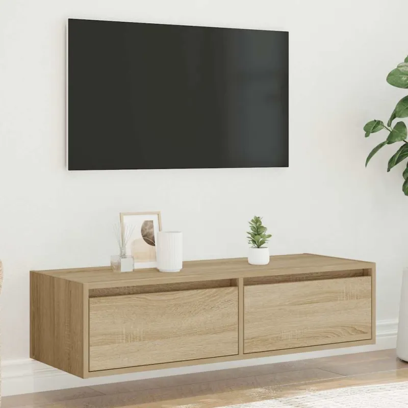 Televizoriaus spintelė su LED apšvietimu, ąžuolo, 100X35,5x25cm