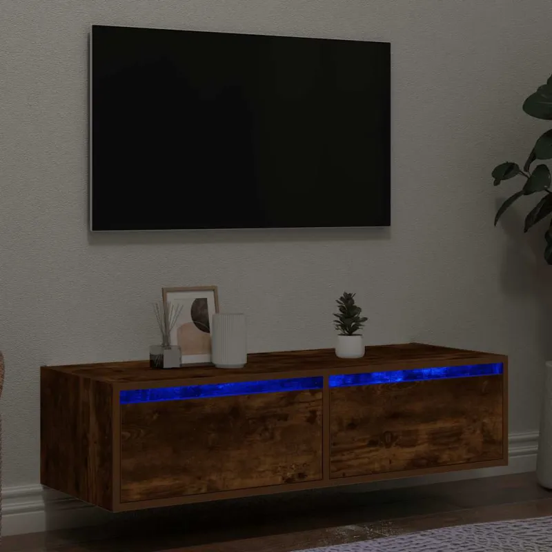 TV spintelė su LED lemputėmis, dūminio ąžuolo, 100X35,5x25 cm