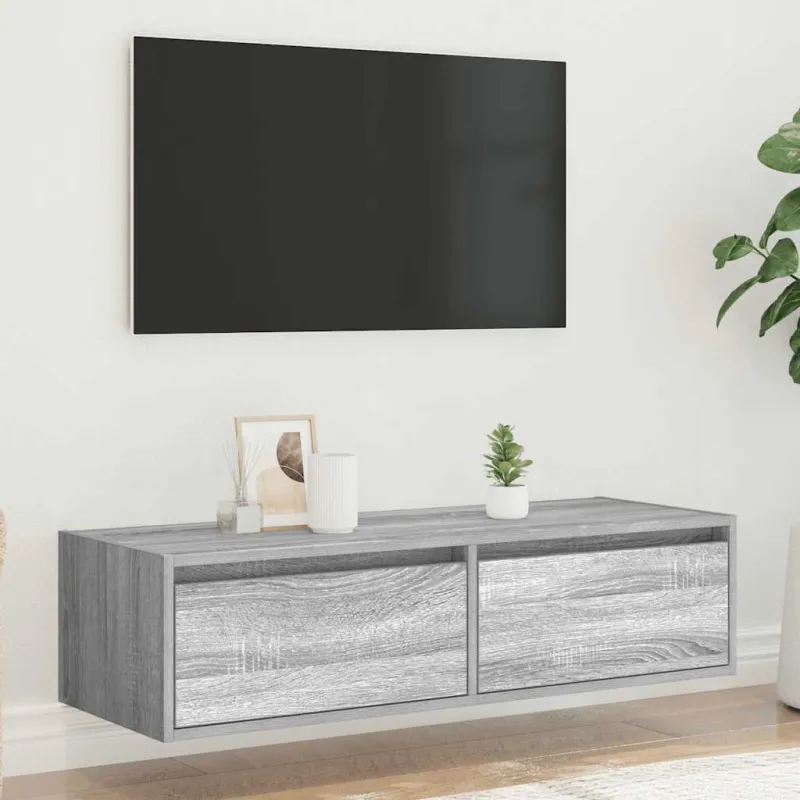 Televizoriaus spintelė su LED, pilka ąžuolo, 100X35,5x25 cm