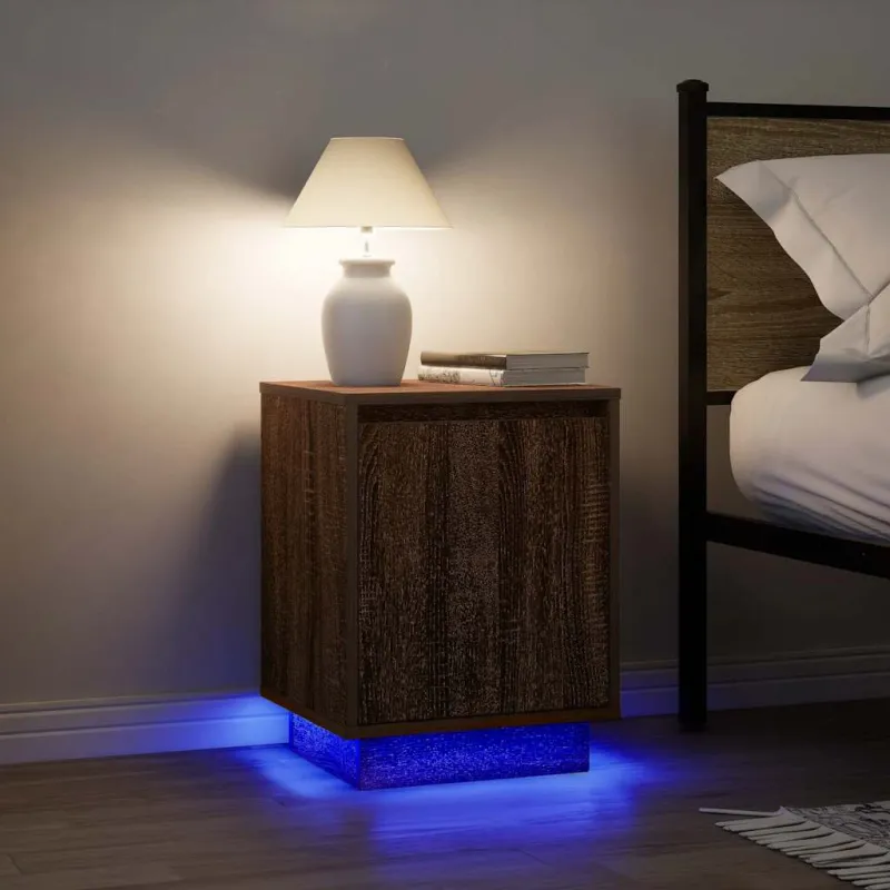 Spintelė prie lovos su LED lemputėmis Rudas ąžuolas 38x34x50 cm