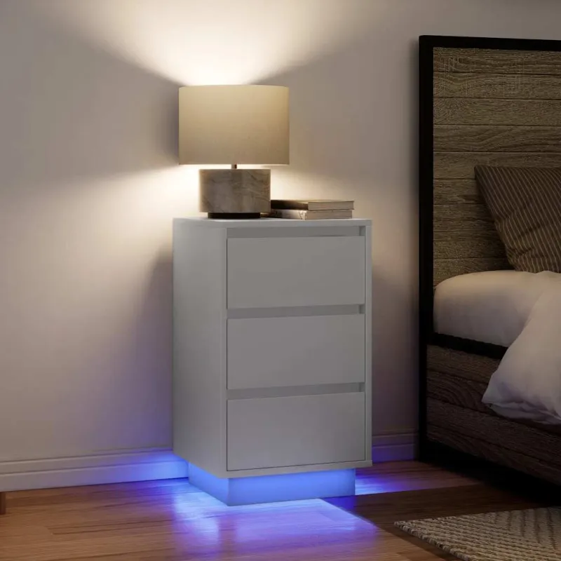 Spintelė prie lovos su LED lemputėmis Balta 38x34x65 cm