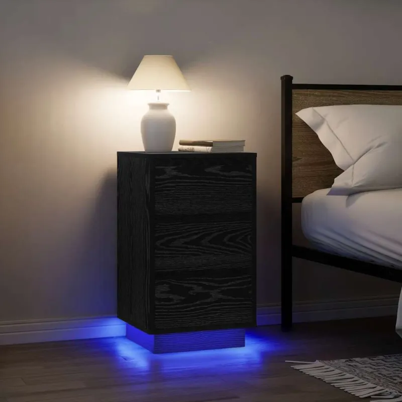 Spintelė prie lovos su LED lemputėmis Juoda 38x34x65 cm