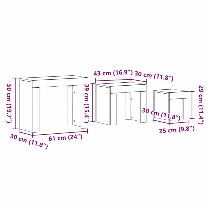 Sustūmiami staliukai 3 pcs Juodas ąžuolas Apdirbta mediena