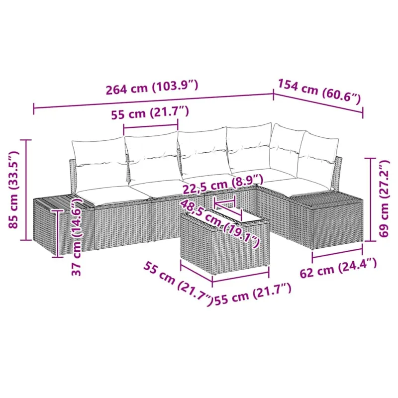 Sodo sohvaryhmä 6 osaa, vaaleanharmaa polyratasta