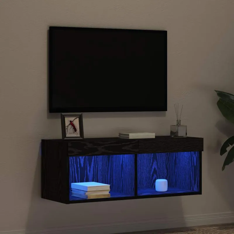TV spintelių komplektas su LED Juodas ąžuolas 80 x 30 x 30 cm