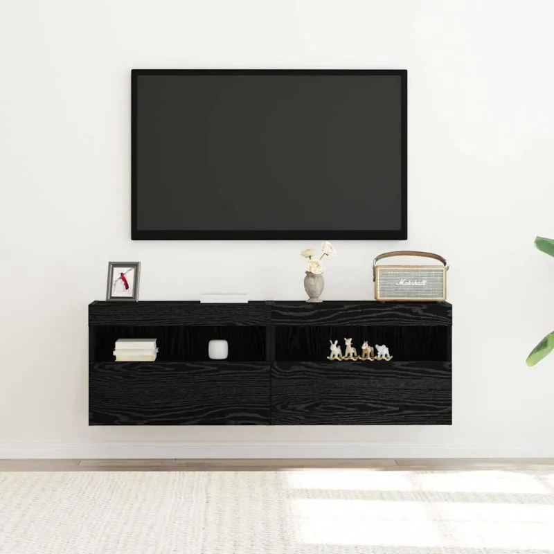 TV sieninė spintelė su LED 2 pcs juoda ąžuolo 60 x 30 x 40 cm