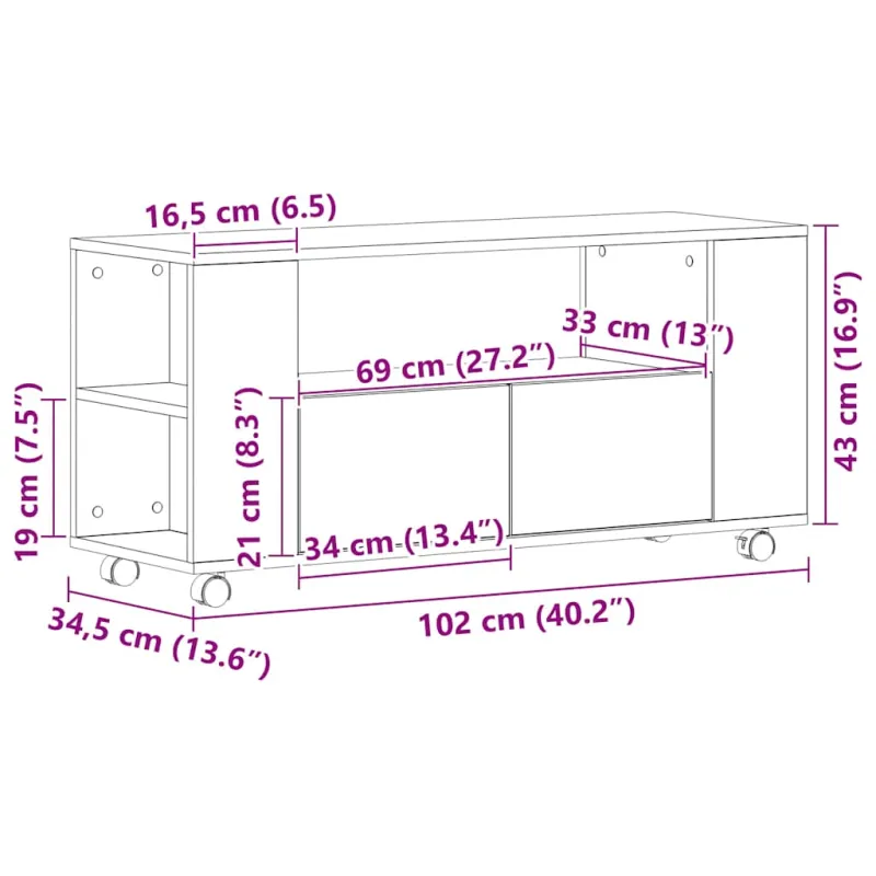 TV spintelė su ratukais, juodas ąžuolas, 102x34,5x43cm, mediena