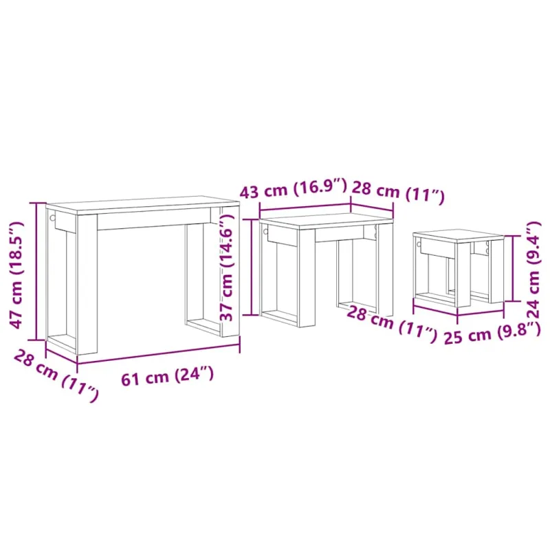Sustūmiami staliukai 3 pcs Juodas ąžuolas Apdirbta mediena