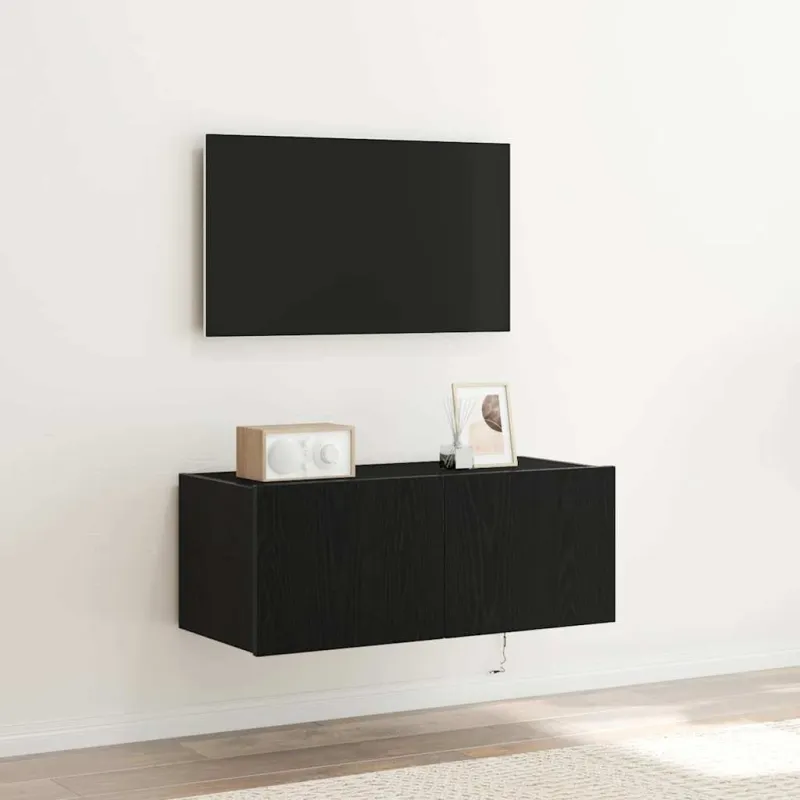 TV sieninė spintelė su LED Juodas ąžuolas 80 x 35 x 31 cm